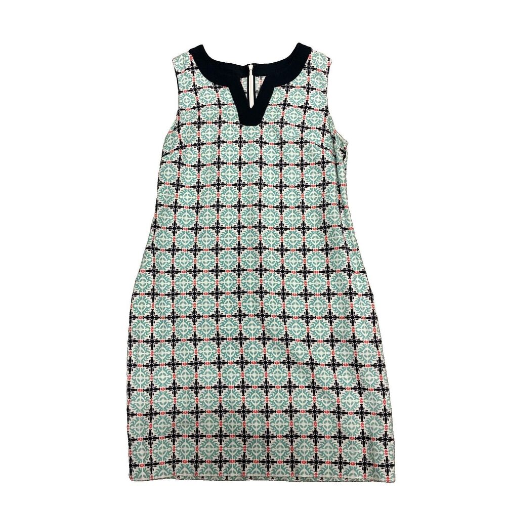 Talbots Linen Blend Sleeveless Dress Womens 10 Aqua Blue Geometric Beach Coastal